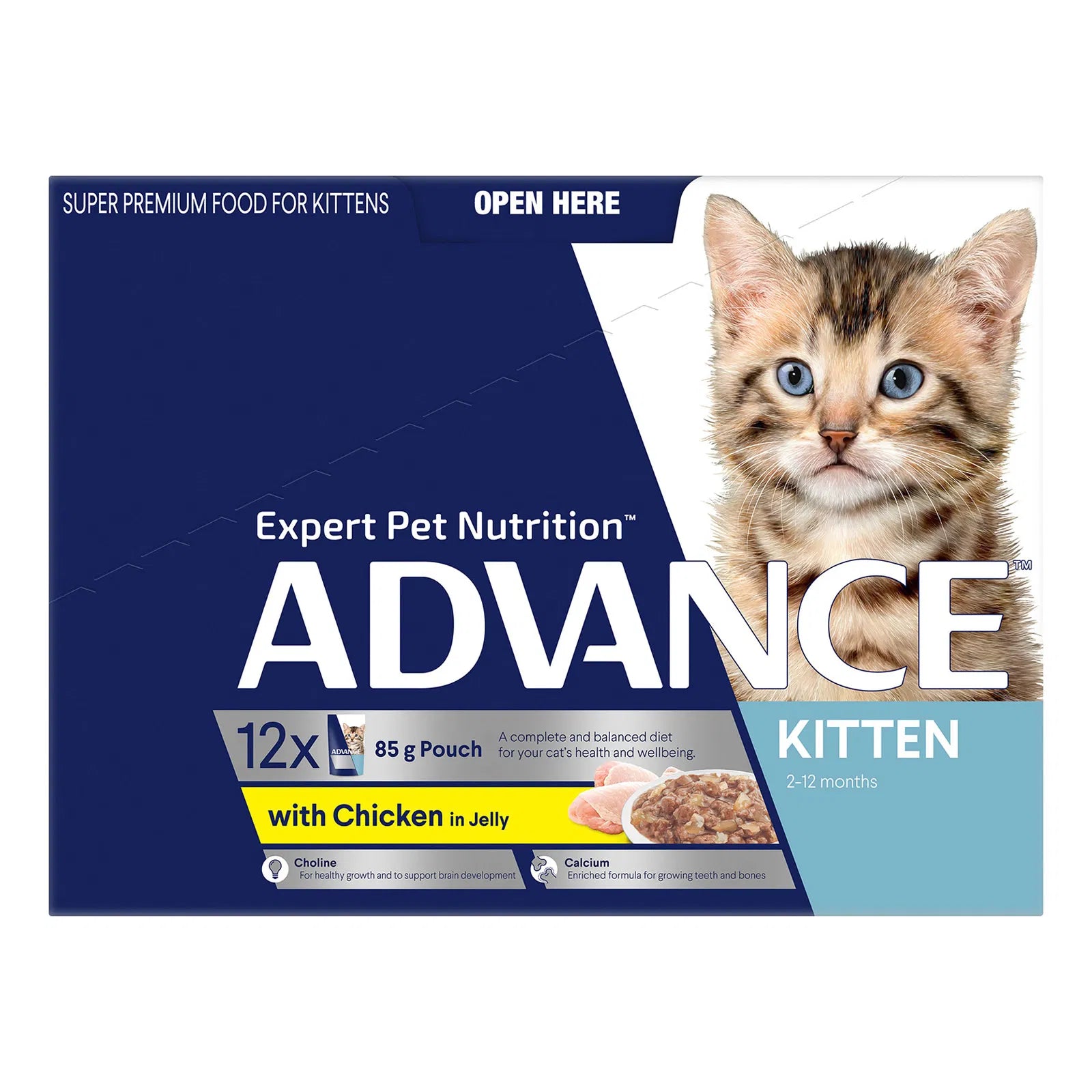 Advance kitten food packaging with a kitten illustration on a blue and white background at Pet Servo