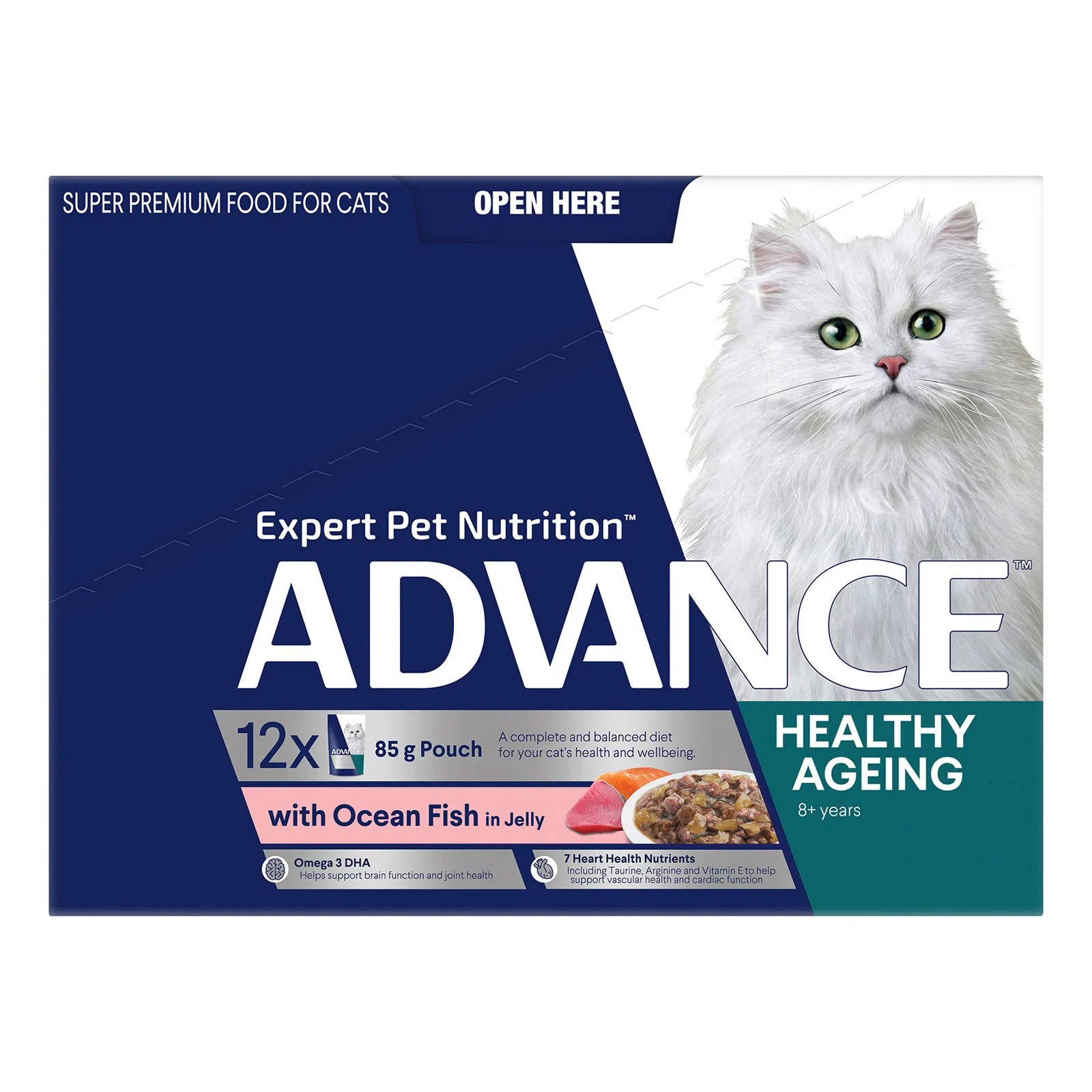 Advance cat food packaging with a white cat on a blue background at Pet Servo