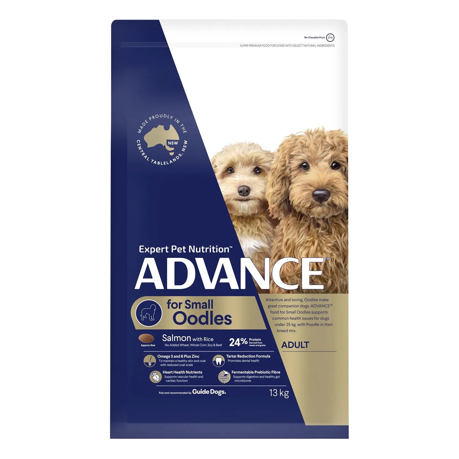 Advance dog food package for small Oodles with two puppies on a white background at Pet Servo