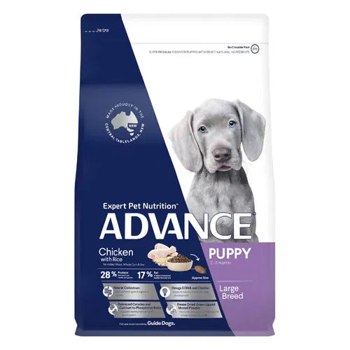 Advance puppy food package for large breeds with a dog on the label at Pet Servo