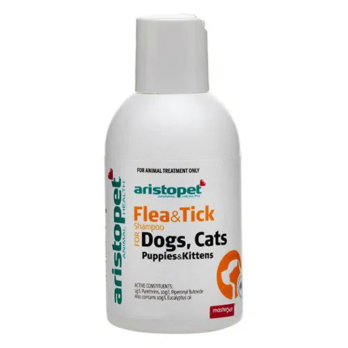 Aristopet Flea & Tick Shampoo bottle for dogs, cats, and puppies on a white background at Pet Servo.
