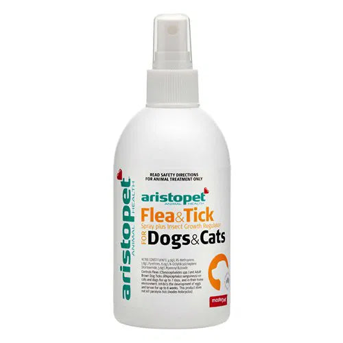 Aristopet flea and tick spray for dogs and cats on a white background at Pet Servo.