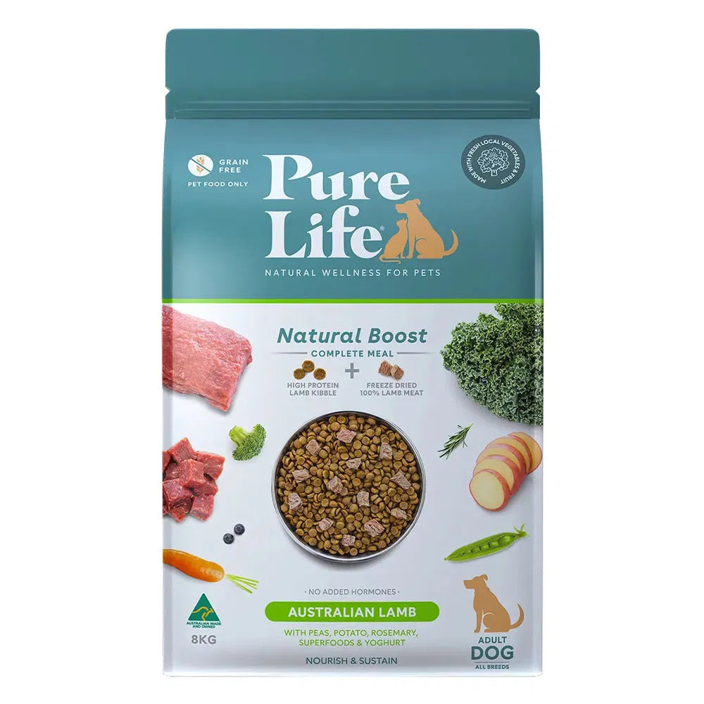 Pure Life dog food package with ingredients and branding on a white background at Pet Servo