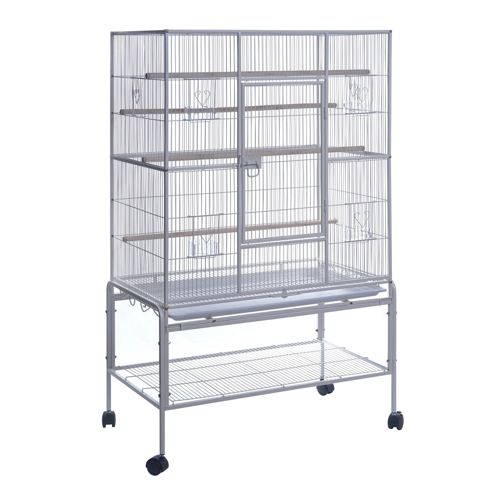 A large silver metal bird cage with multiple levels, wooden perches, and a wheeled stand on a plain white background at Pet Servo