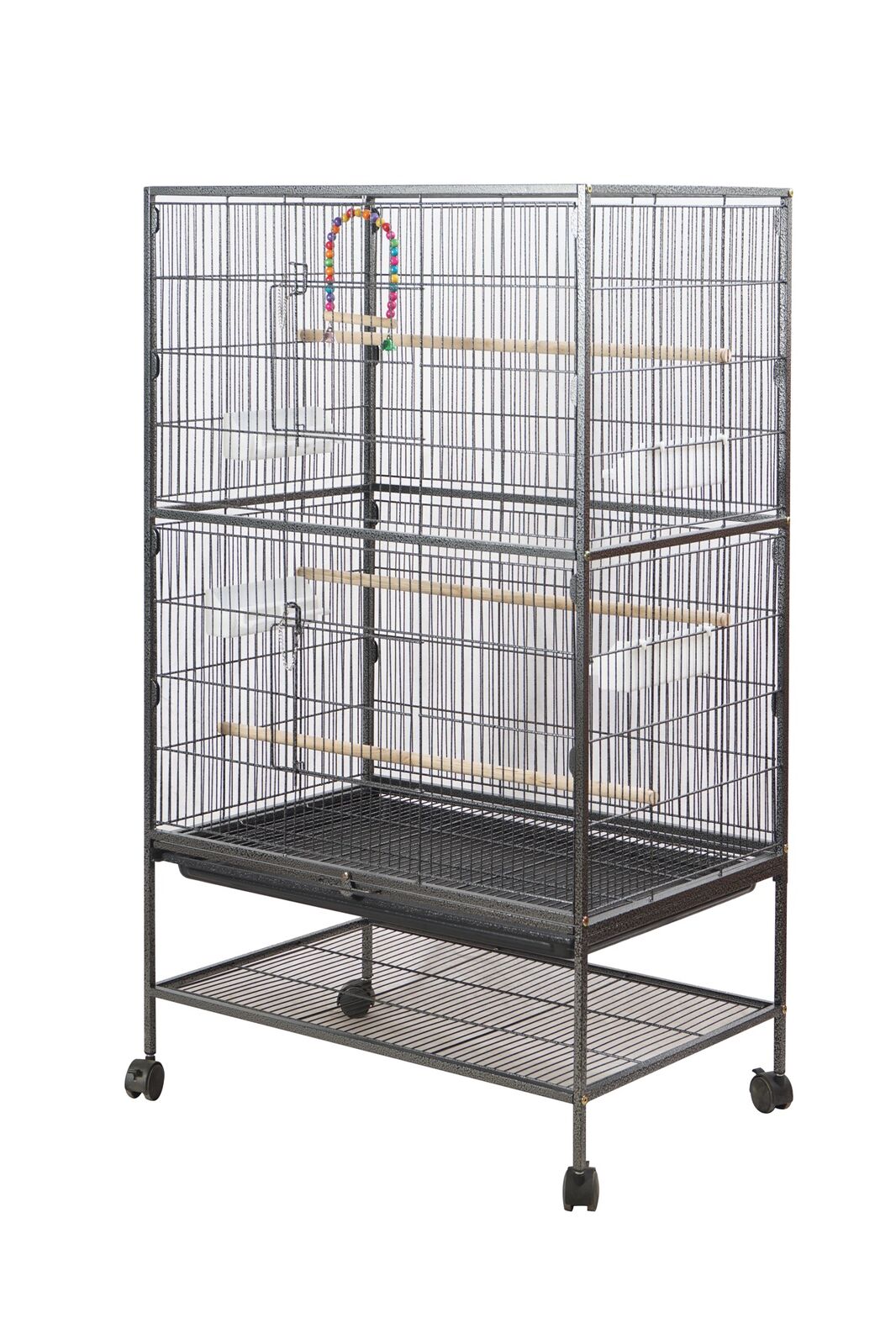 Bird cage with multiple levels and a stand on a white background at Pet Servo