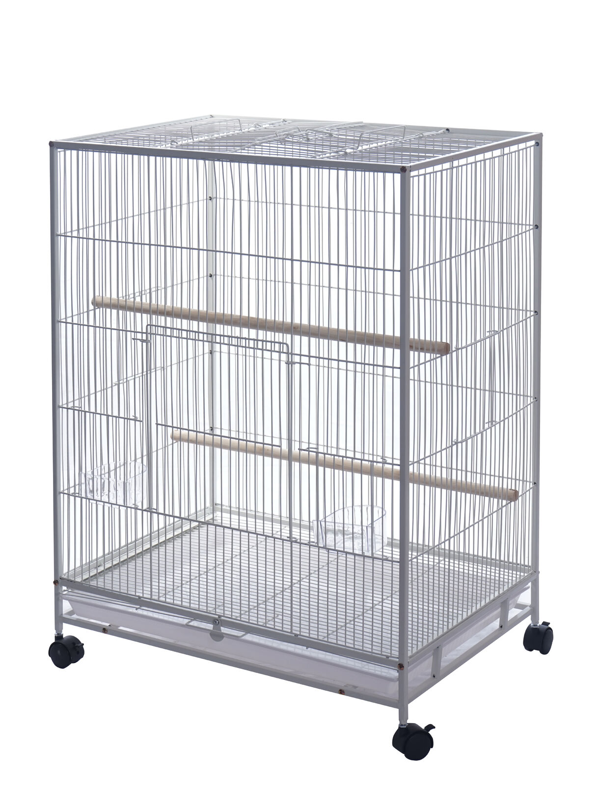 Bird cage with multiple levels and wheels on a white background at Pet Servo