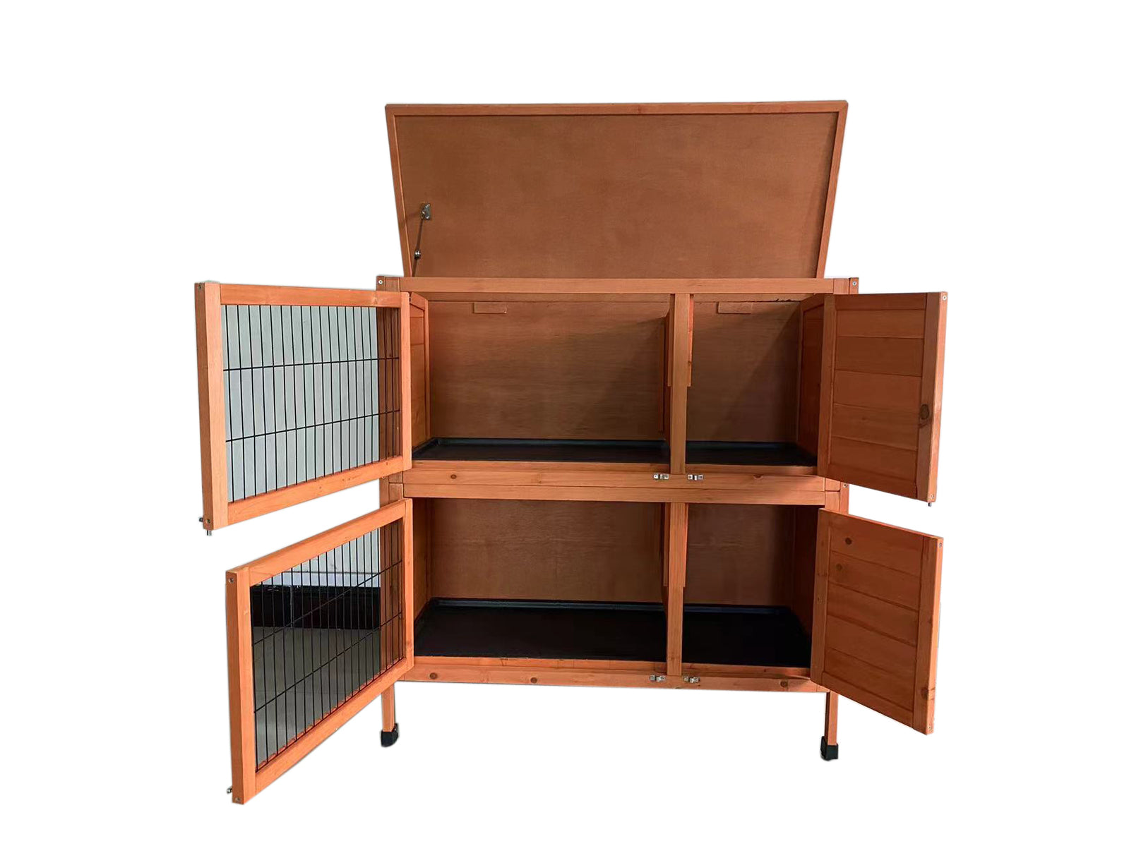 Wooden pet cage with open doors on a white background at Pet Servo