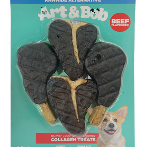 Pack of beef-flavored collagen treats for dogs with 'Art & Bob' branding on a teal background at Pet Servo