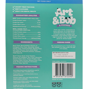 Back of a pet food packaging with text and graphics, featuring 'Art & Bob & Friends' branding at Pet Servo