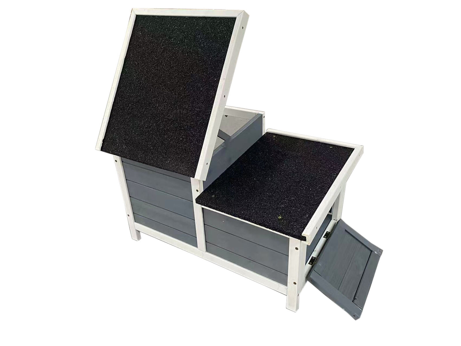Wooden storage bench with a black seat and gray sides on a white background at Pet Servo