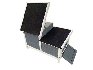 Wooden storage bench with a black seat and gray sides on a white background at Pet Servo