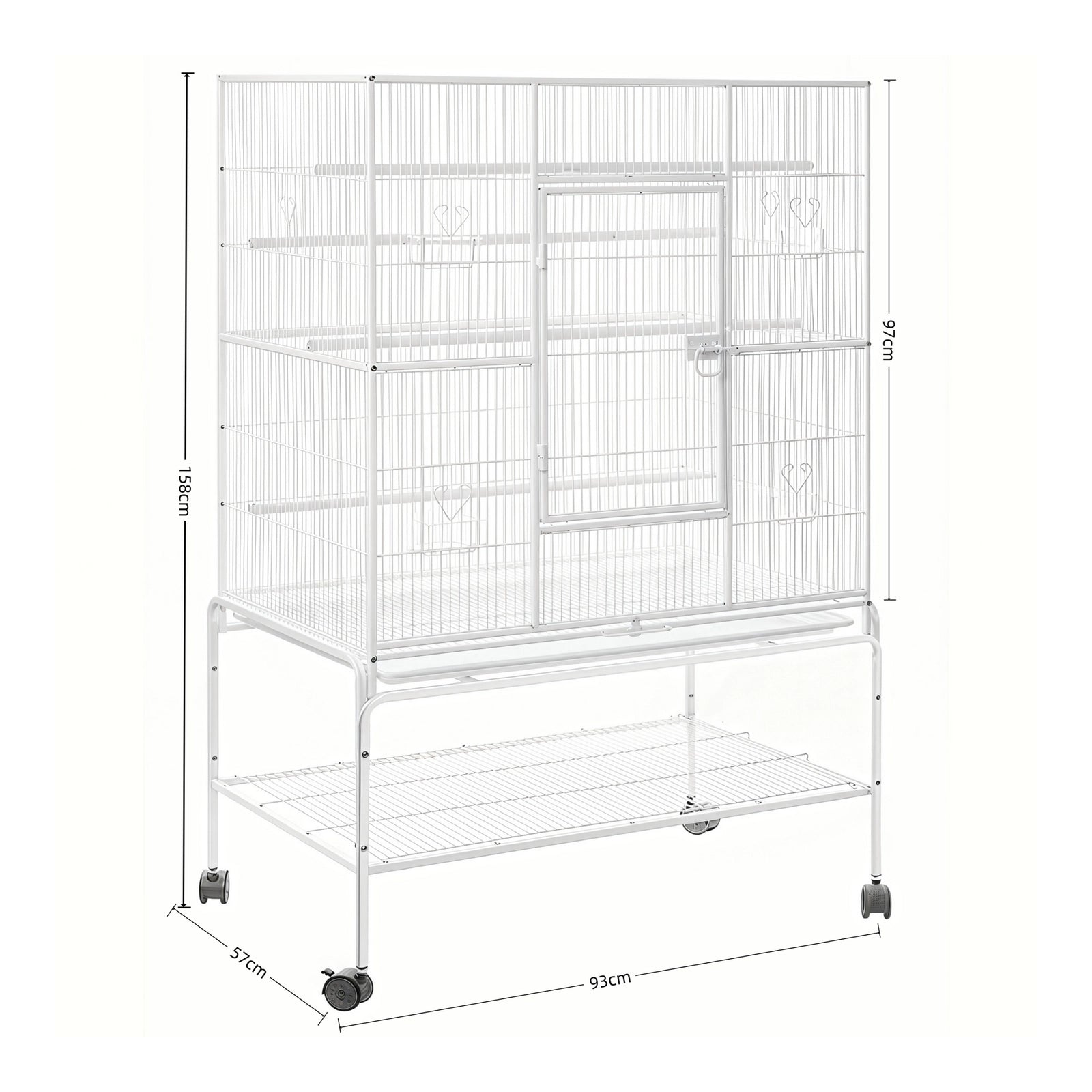 White metal bird cage with a wheeled stand, shown with dimension lines indicating height, width, and depth measurements at Pet Servo
