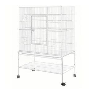 A large white wire bird cage with multiple perches, a front entry door, and a lower storage shelf on a wheeled metal stand, shown against a plain white background at Pet Servo