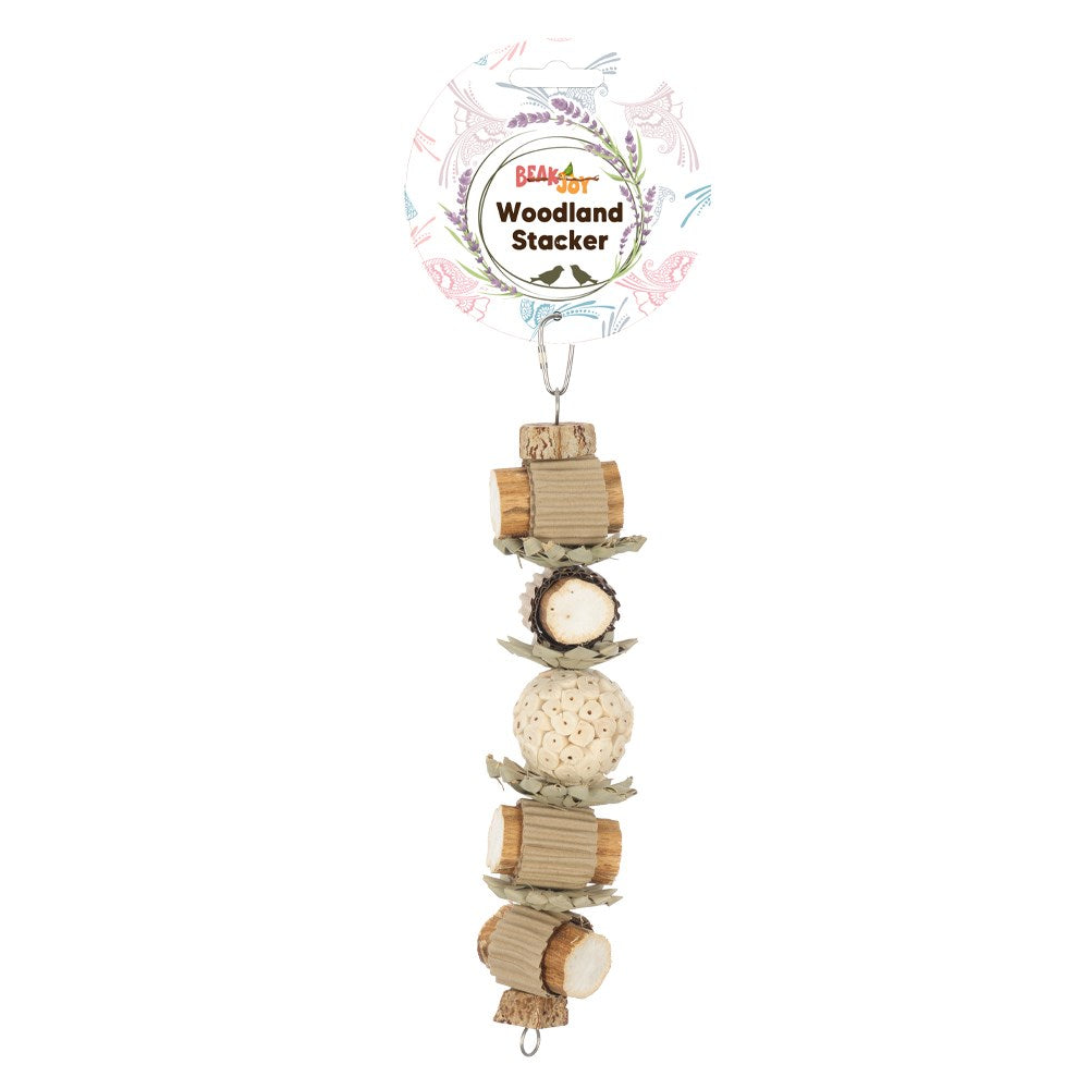 Wooden bird toy with cylindrical elements and a circular top on a white background