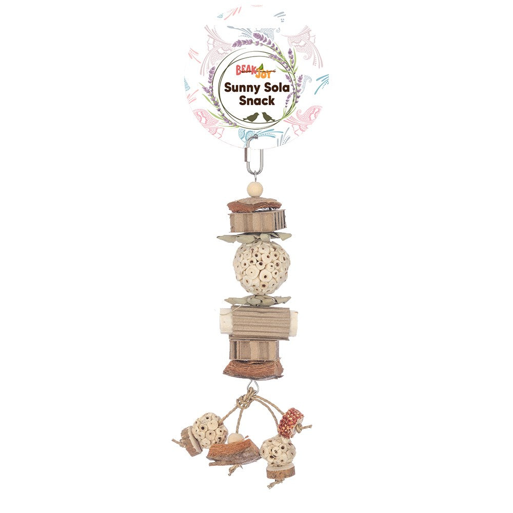 Bird toy with wooden elements and a label on a white background at Pet Servo