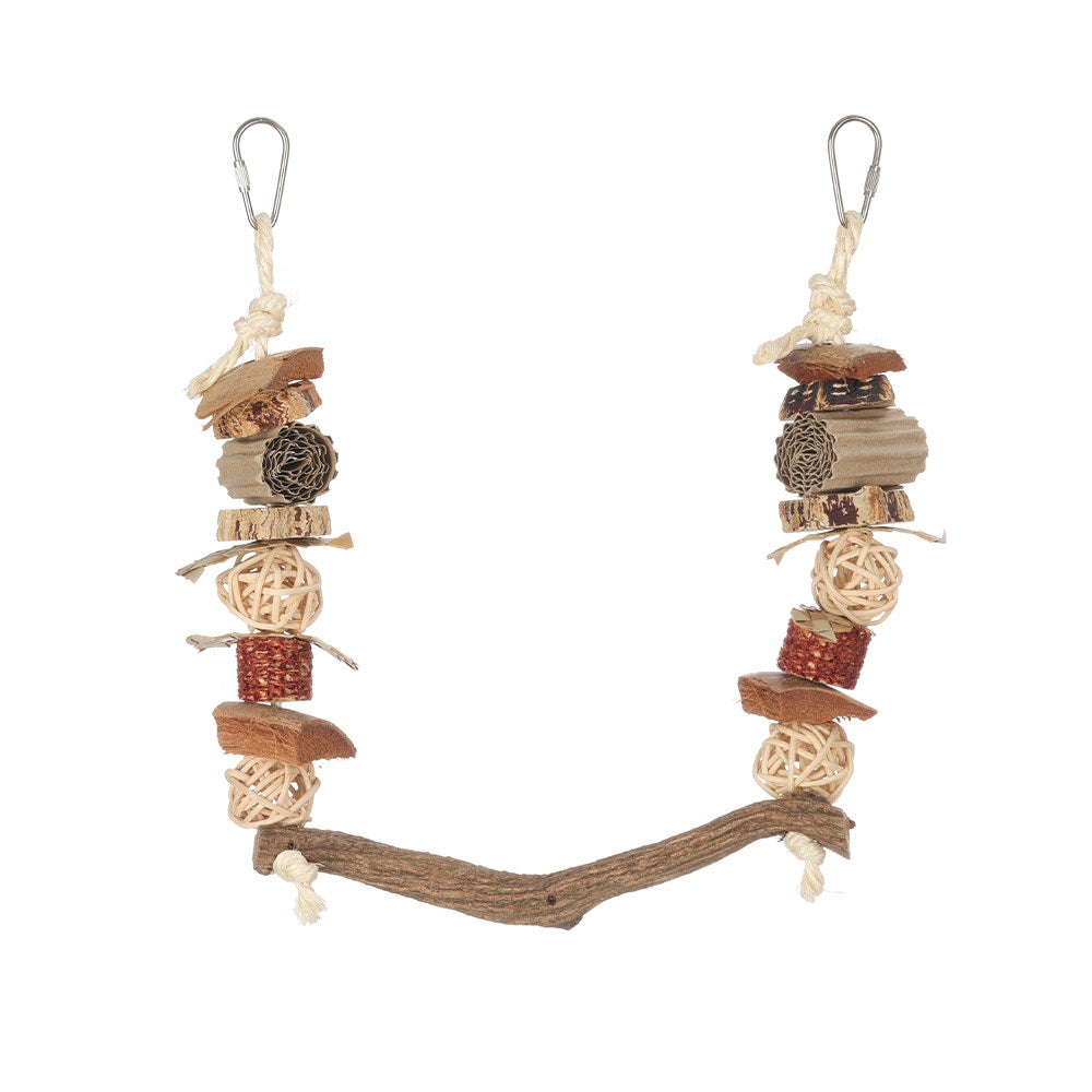 Bird toy with wooden elements and a branch on a white background at Pet Servo