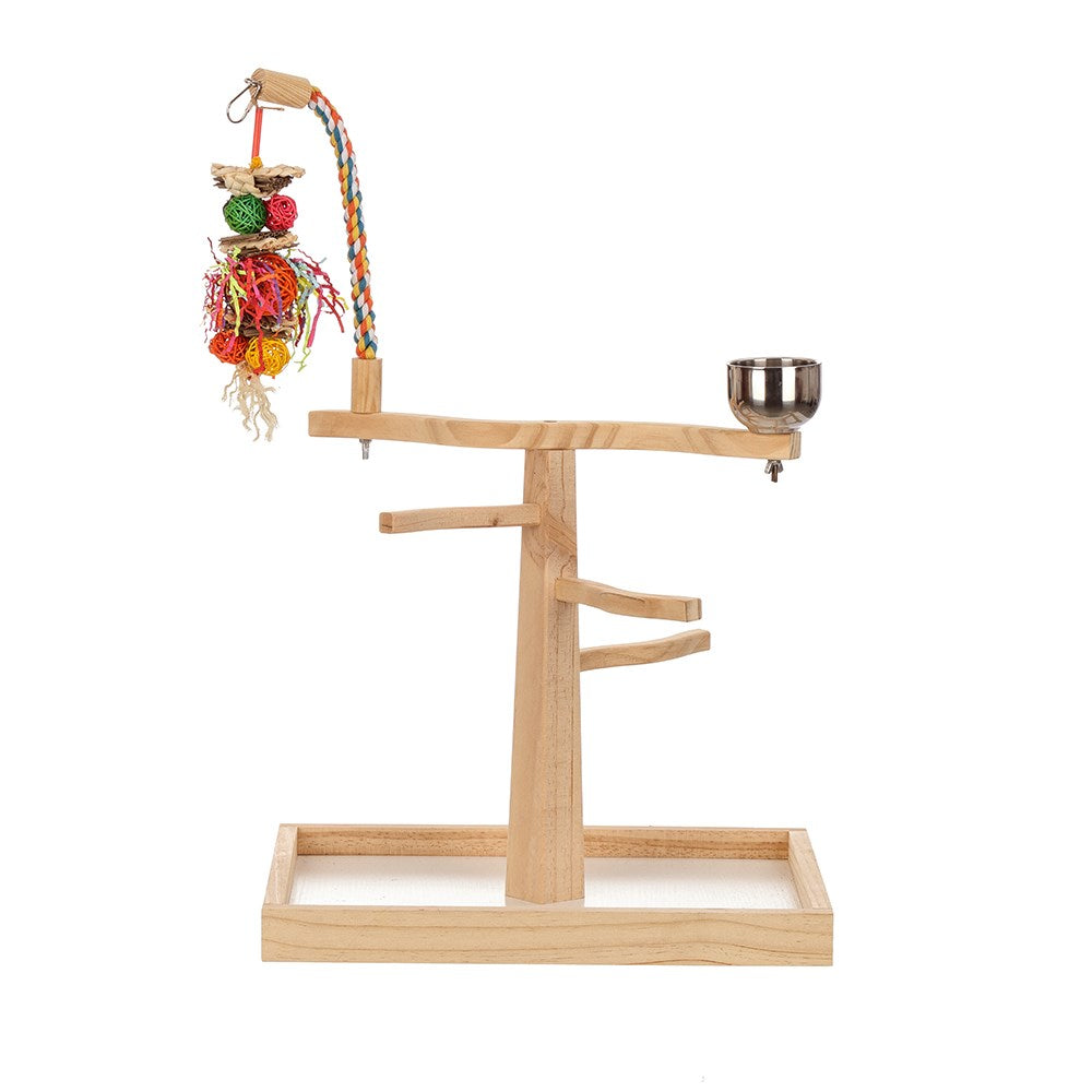 Wooden bird playstand with colorful perch and small bowl on a white background at Pet Servo