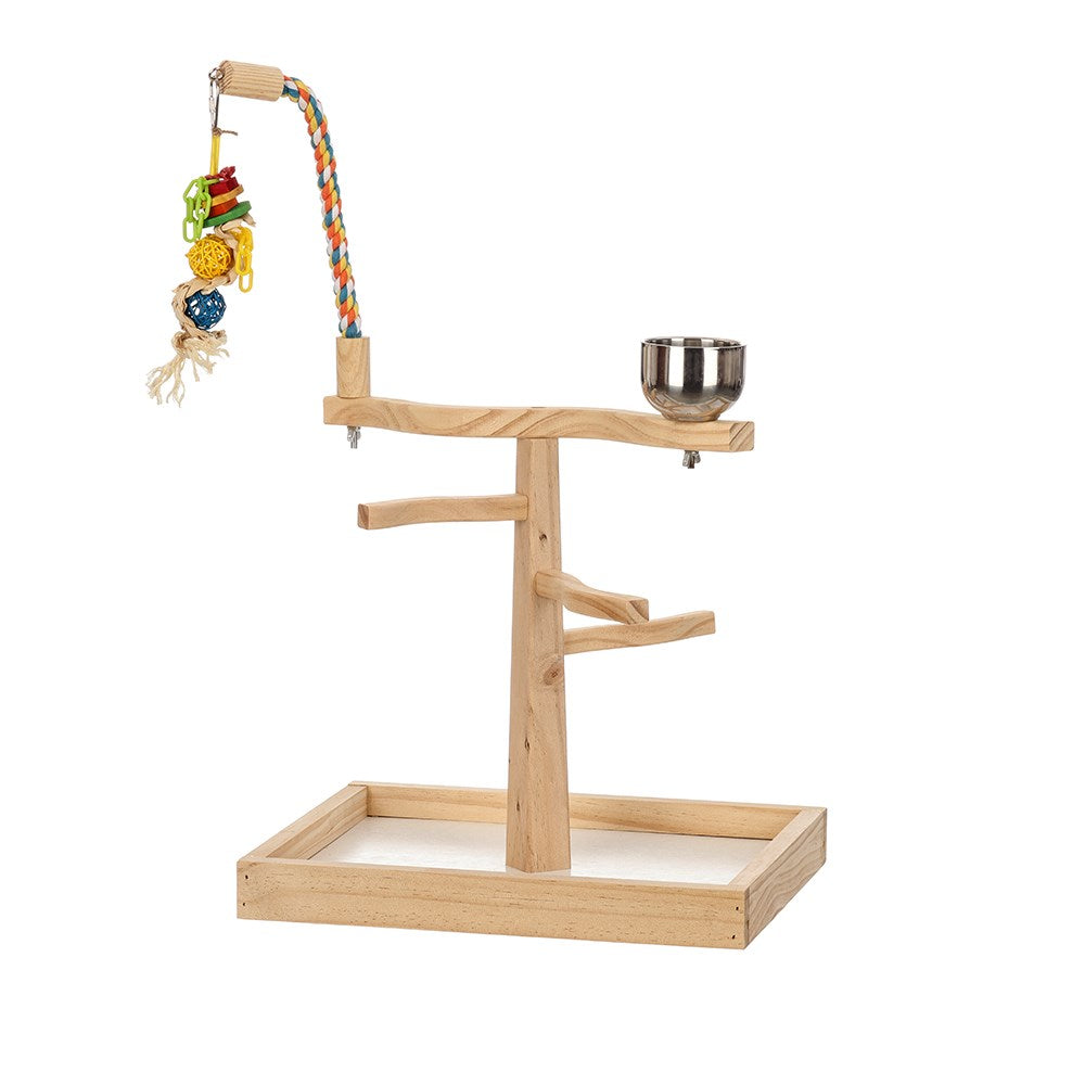 Wooden bird playstand with colorful perch and small bowl on a white background at Pet Servo