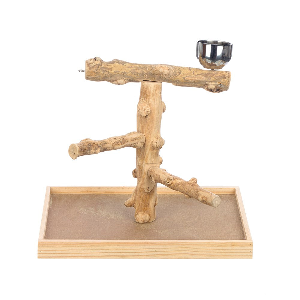 Wooden bird perch with a small bowl on a white background at Pet Servo