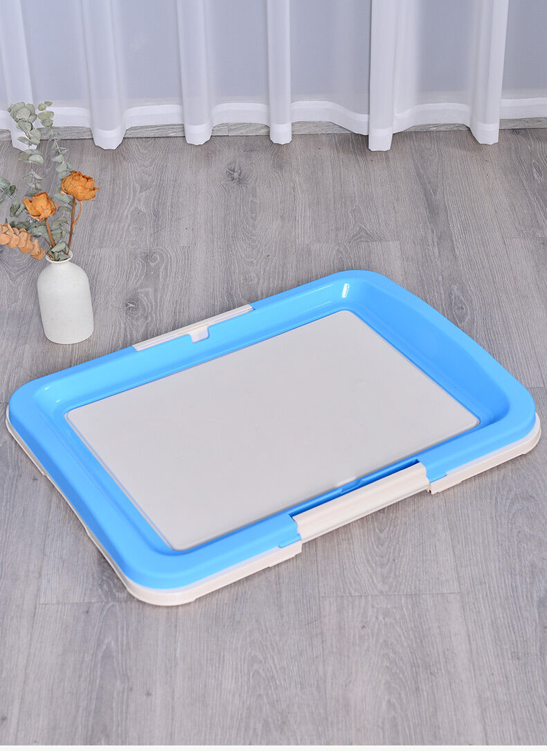 Pet playpen with blue and white border on a wooden floor at Pet Servo