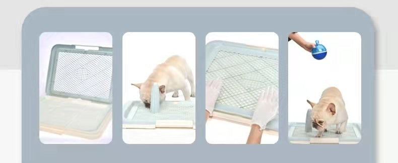 Pet product with images of a dog using it, cleaning, and inspecting at Pet Servo