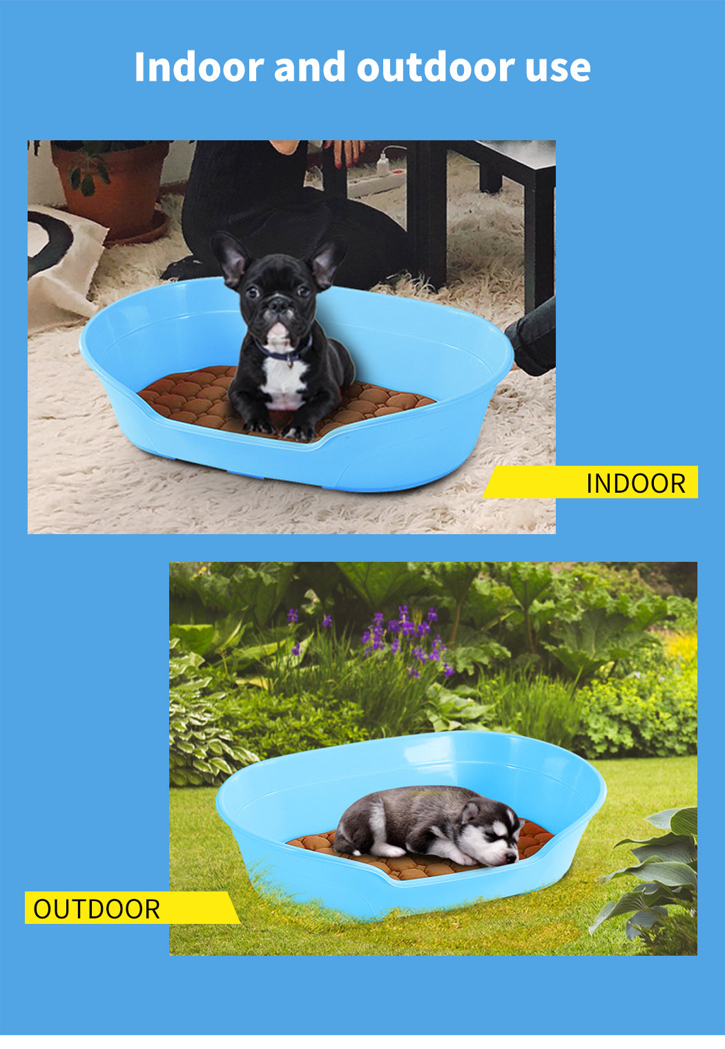 Two images of a dog using a blue pet bed, one indoors and one outdoors at Pet Servo