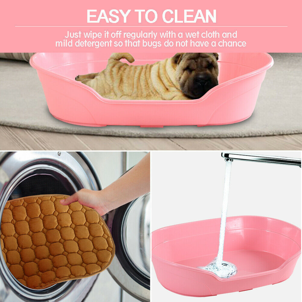 Pink pet litter box with a dog inside, cleaning instructions, and a washing machine at Pet Servo