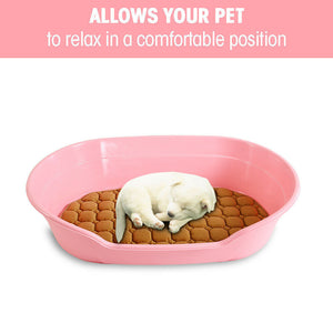 Pink pet bed with a brown cushion, featuring a white puppy, on a white background at Pet Servo
