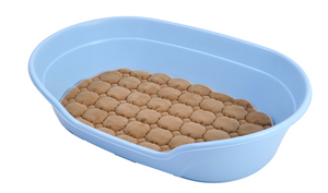 Blue plastic pet litter box with brown cat litter inside on a white background at Pet Servo