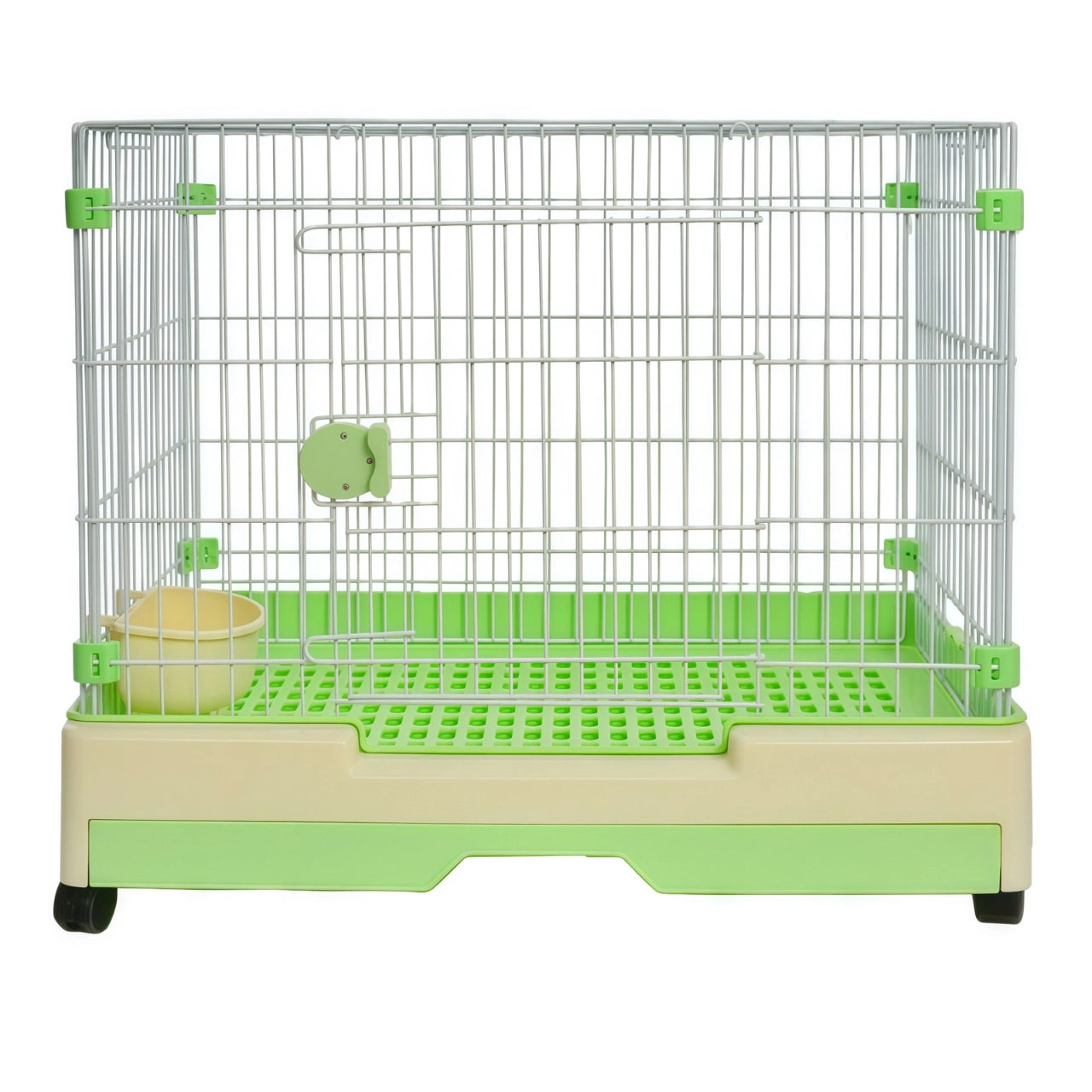 A small wire pet cage with a green plastic base, green trim, a green bottom tray, and a beige bowl, photographed on a plain white background at Pet Servo