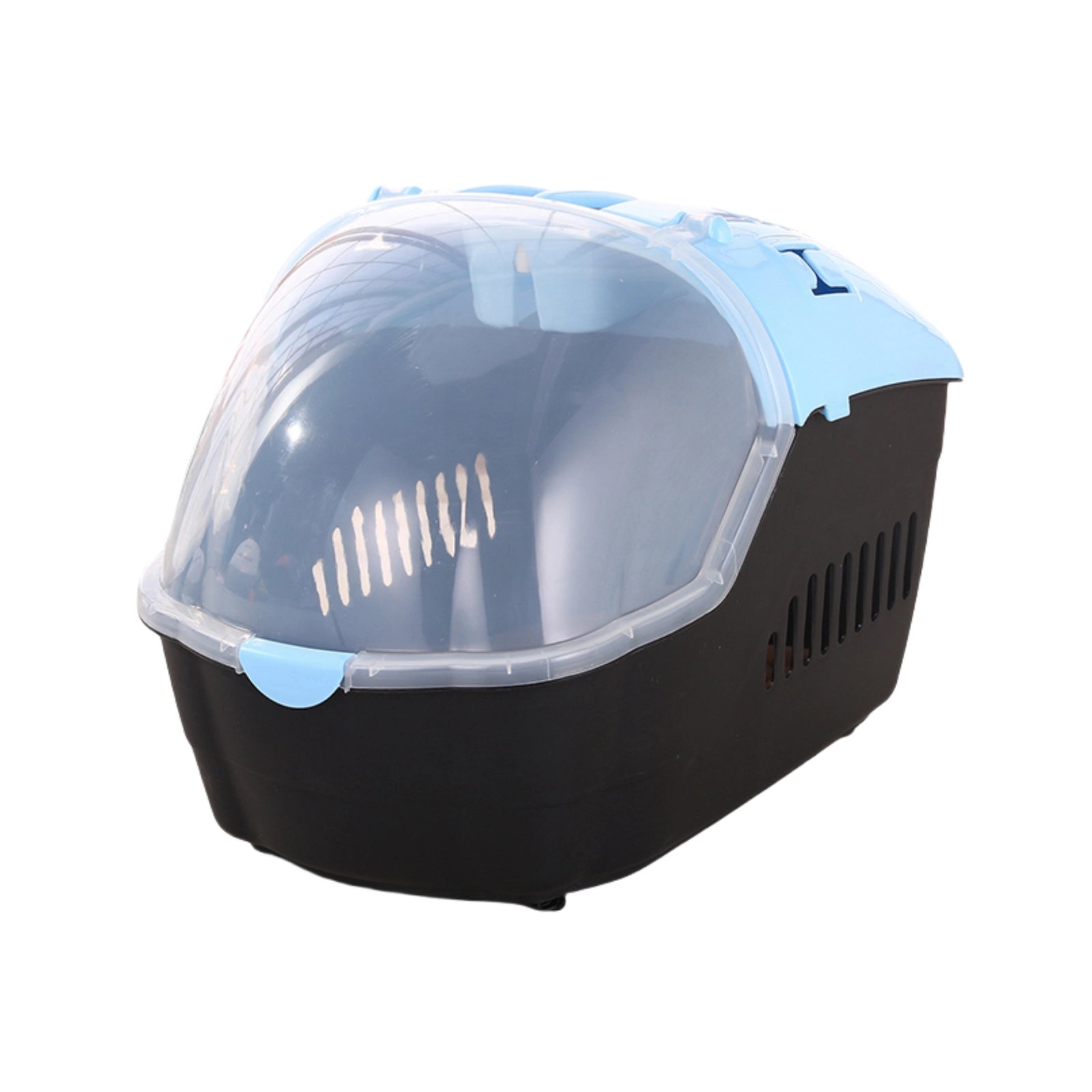 A black plastic pet carrier with a clear, domed transparent roof and light blue accents on the top and front latch at Pet Servo