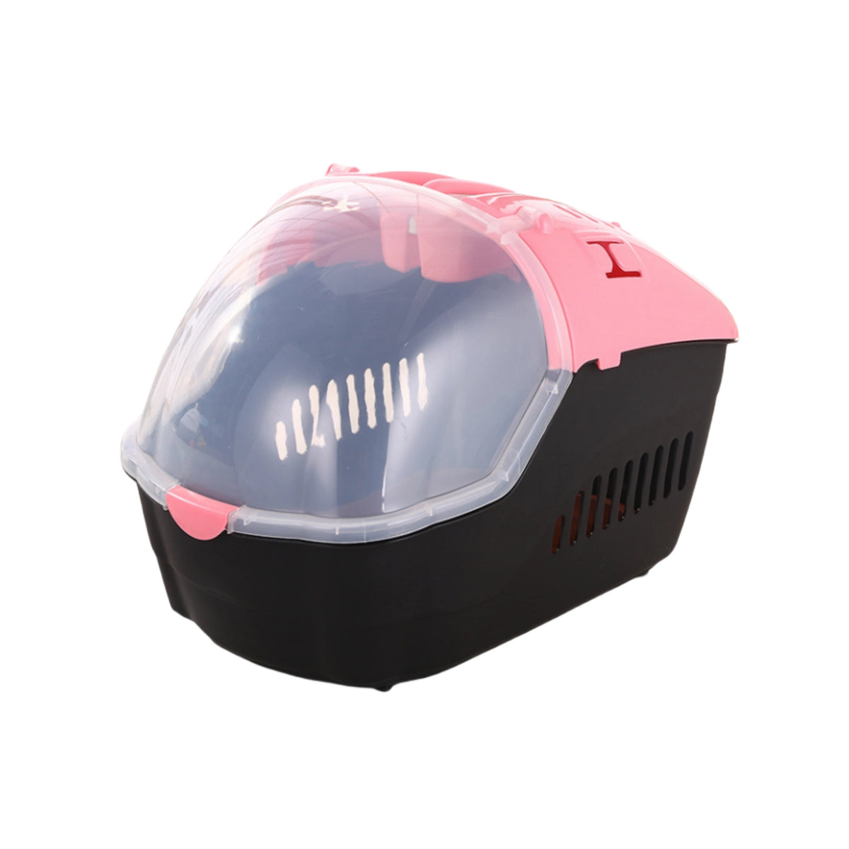 A small pet carrier with a black plastic base, pink plastic trim, and a clear transparent dome lid, shown on a plain white background at Pet Servo