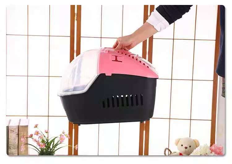 Person holding a black and pink pet carrier against a tiled wall background at Pet Servo