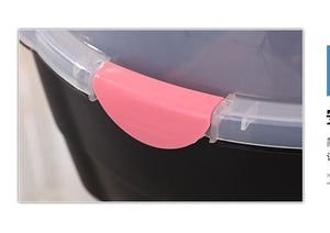 Pink and clear plastic lid with a handle on a black container at Pet Servo