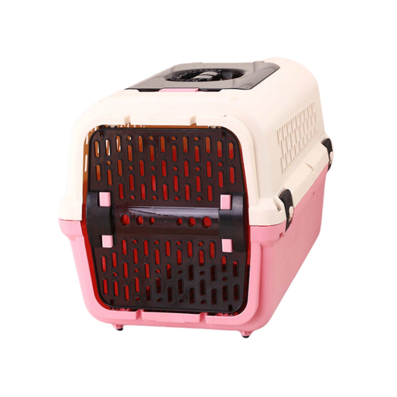 A plastic pet carrier with a cream-colored top and sides, a pink bottom base, and a black front ventilation door with pink accents, shown on a plain white background at Pet Servo