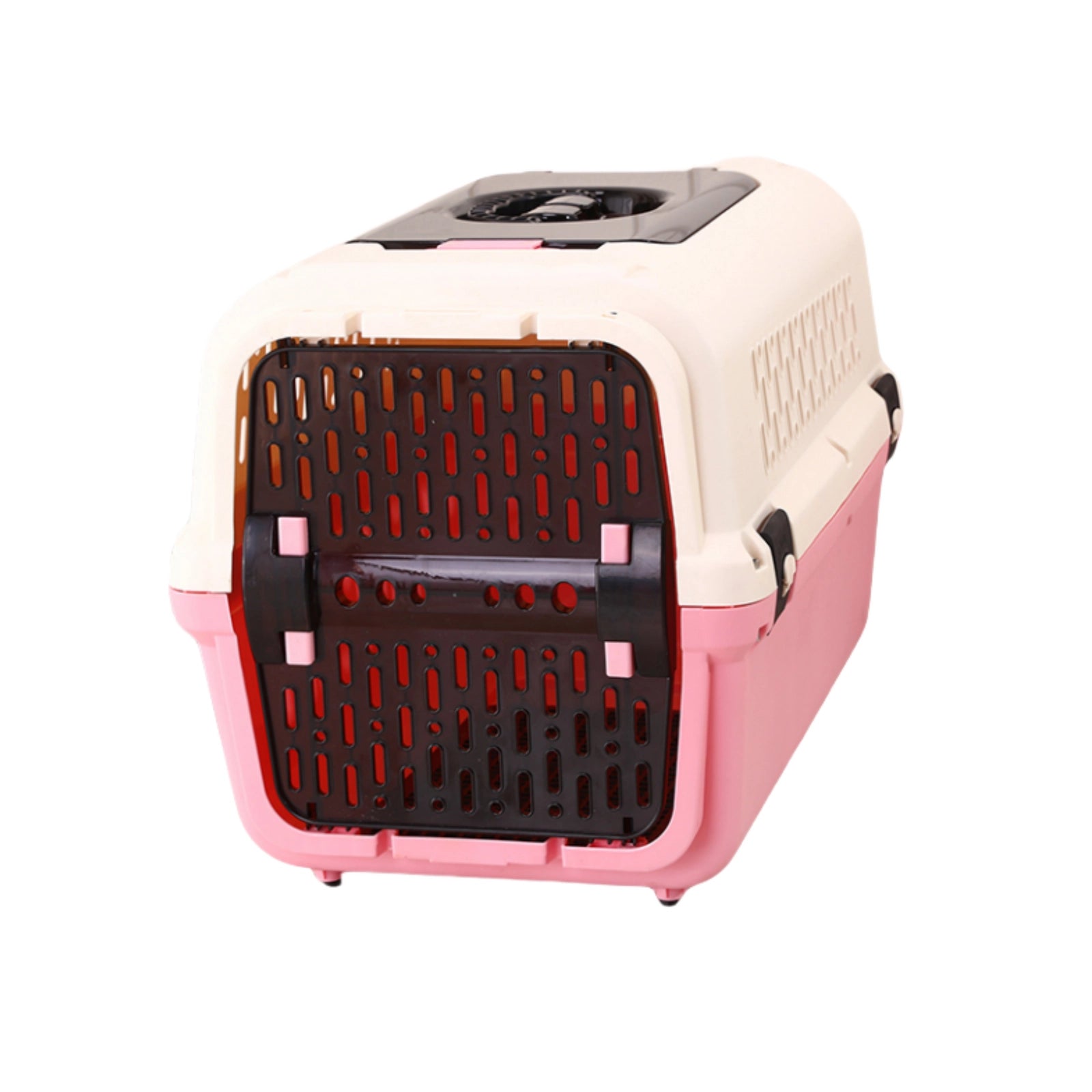 A plastic pet carrier with a cream-colored top, a pink bottom, and a black front ventilation door, shown on a plain white background at Pet Servo