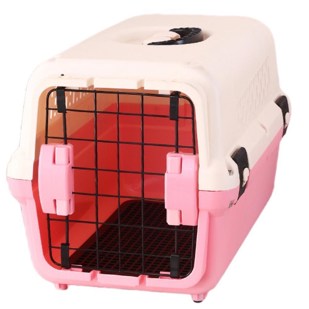 Pet carrier with pink and beige exterior and black interior grid at Pet Servo
