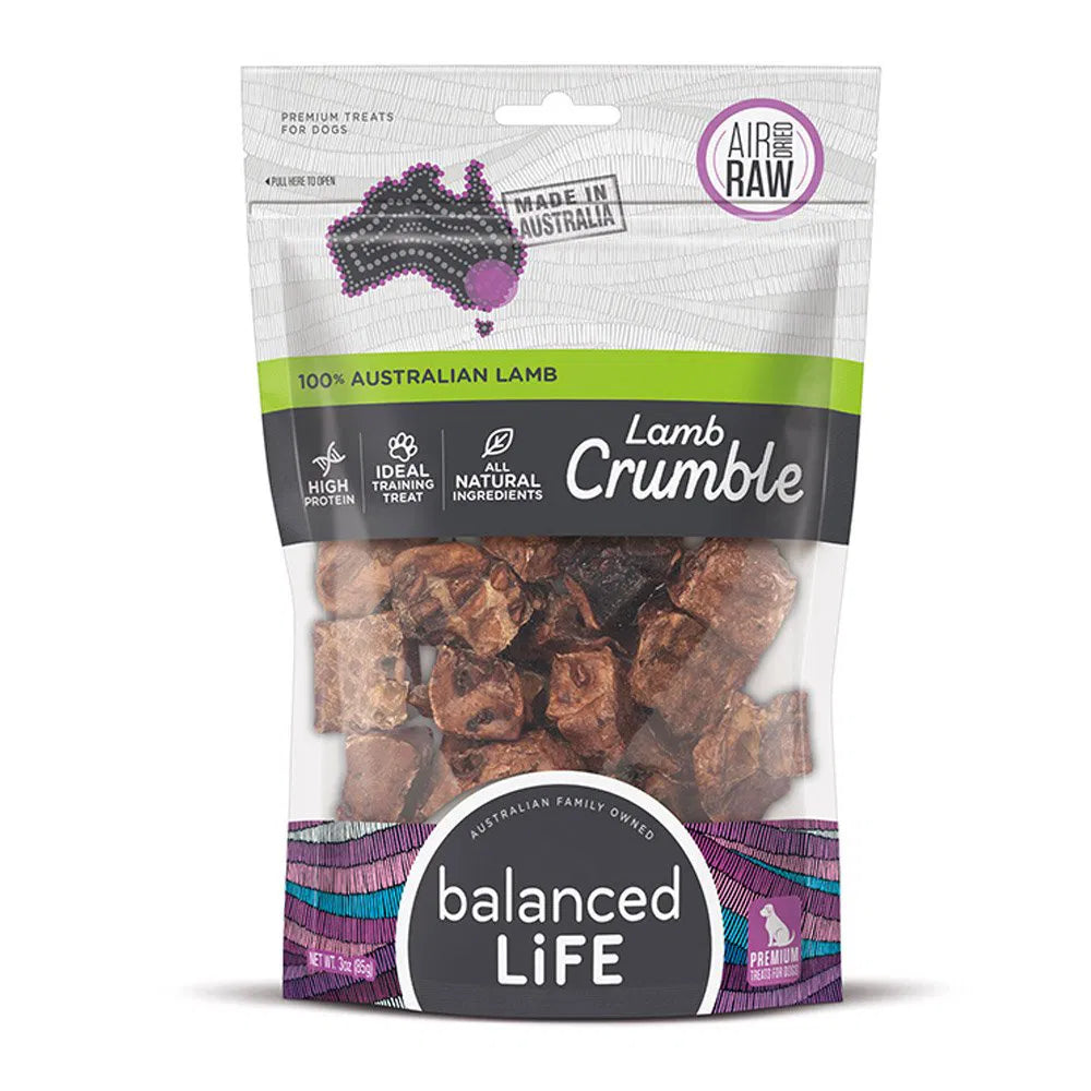 Package of Balanced Life Lamb Crumble 45gm dog treats on a white background at pet servo