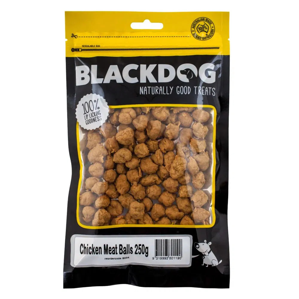 Package of Blackdog Chicken Meat Balls 250g dog treats on a white background at Pet Servo