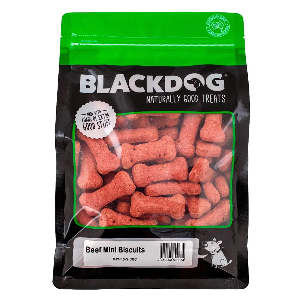 Bag of Blackdog Beef Mini Biscuits 150gm on a white background at Pet Servo