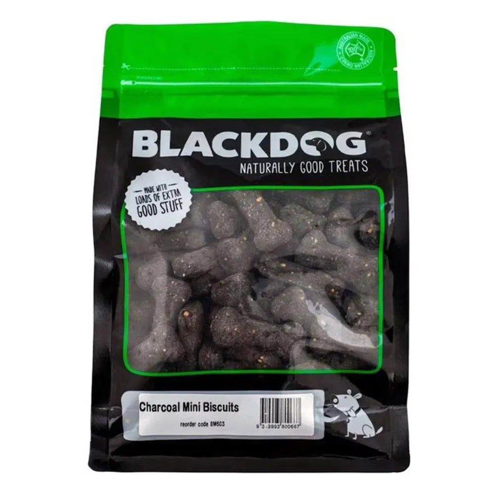 Bag of Blackdog Charcoal Mini Biscuits  150gm on a white background at Pet Servo