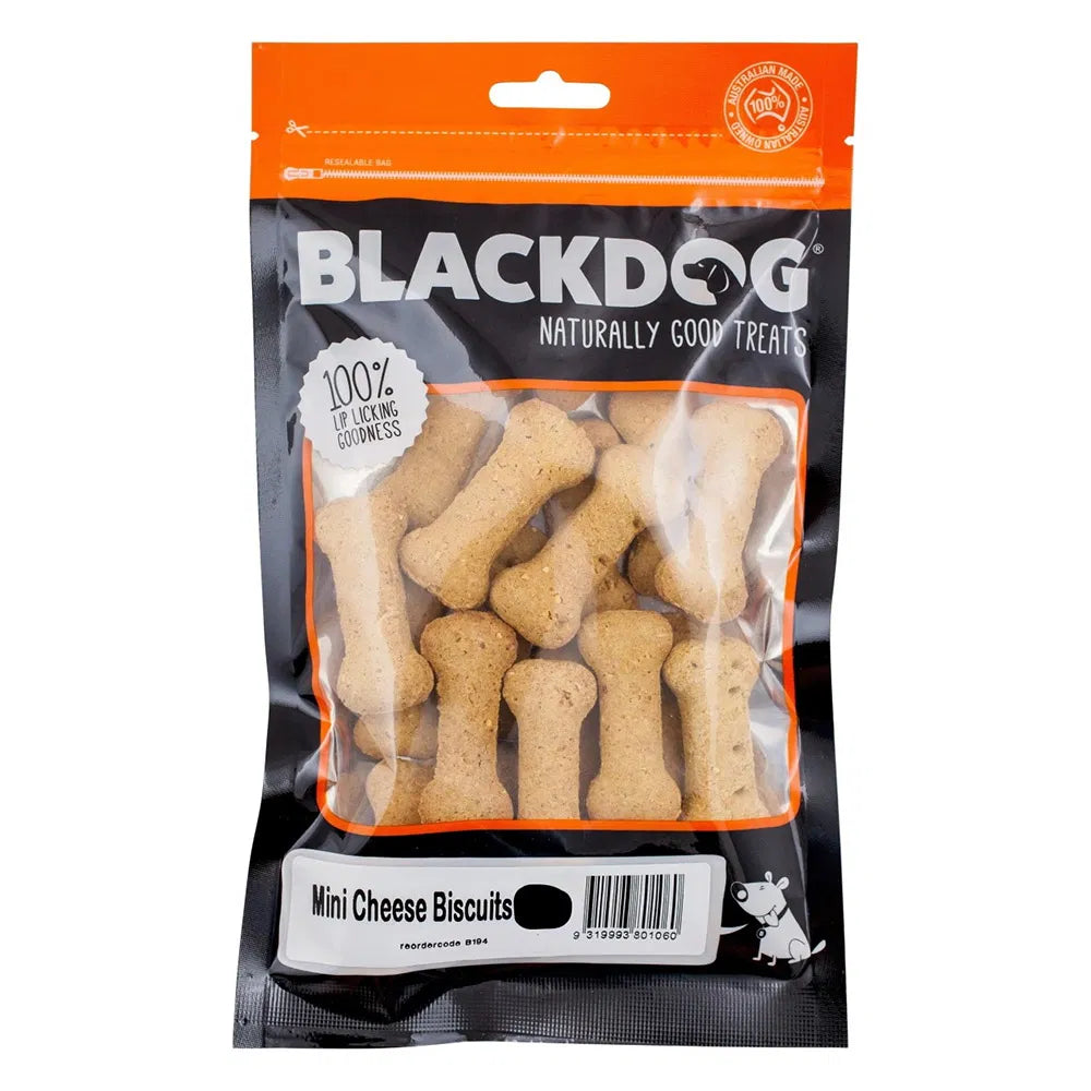 Package of Blackdog Mini Cheese Biscuits 150gm on a white background at Pet Servo