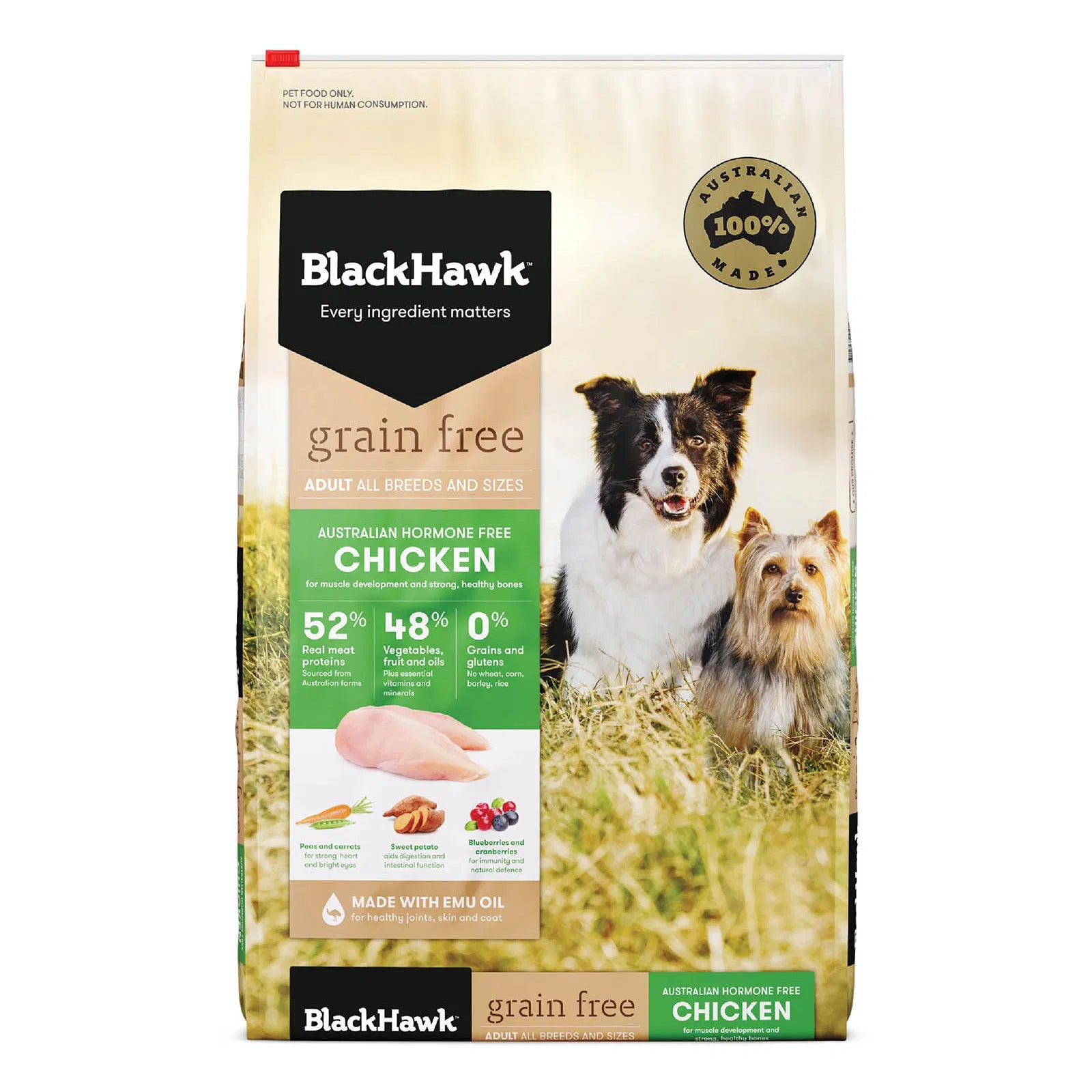 Black Hawk grain-free dog food package with images of dogs on a grassy background at Pet Servo
