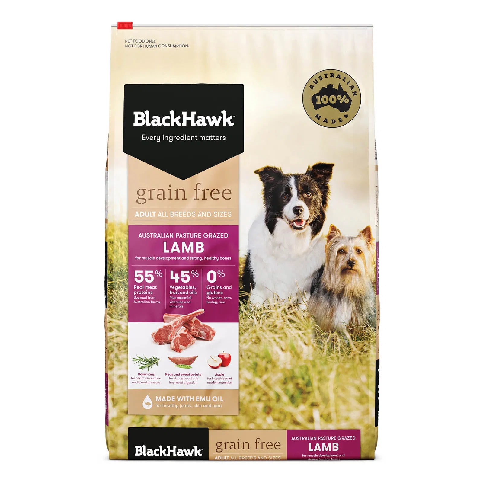 Black Hawk grain-free dog food package with two dogs on a grassy background at Pet Servo