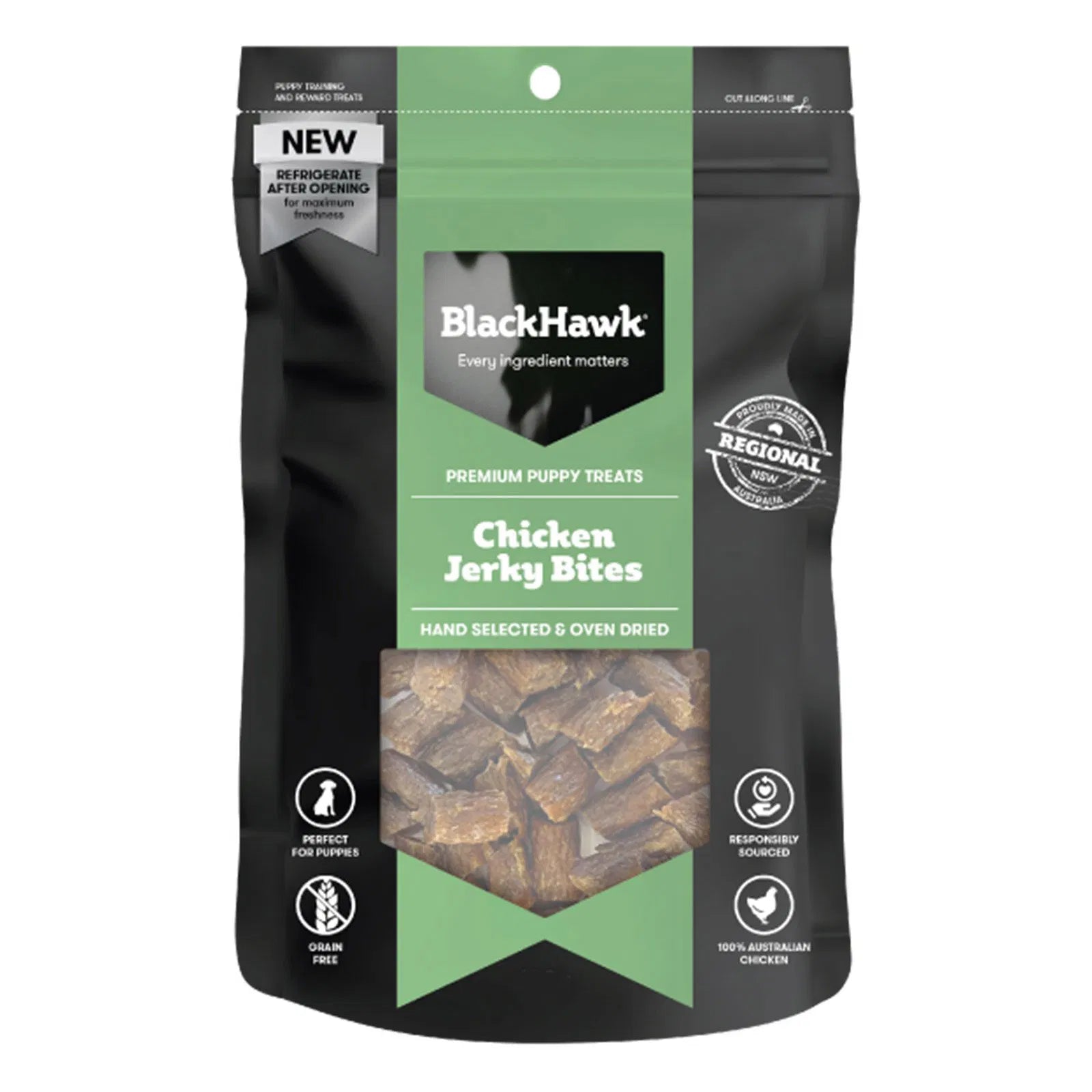 Black Hawk Chicken Jerky Bites packaging on a white background
