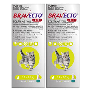 Two Bravecto Plus packages for cats on a white background