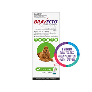 Bravecto packaging for dogs with a visual of a dog and text on a white background at Pet Servo