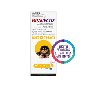 Bravecto packaging for dogs with a small dog illustration and text about tick and flea protectionat Pet Servo