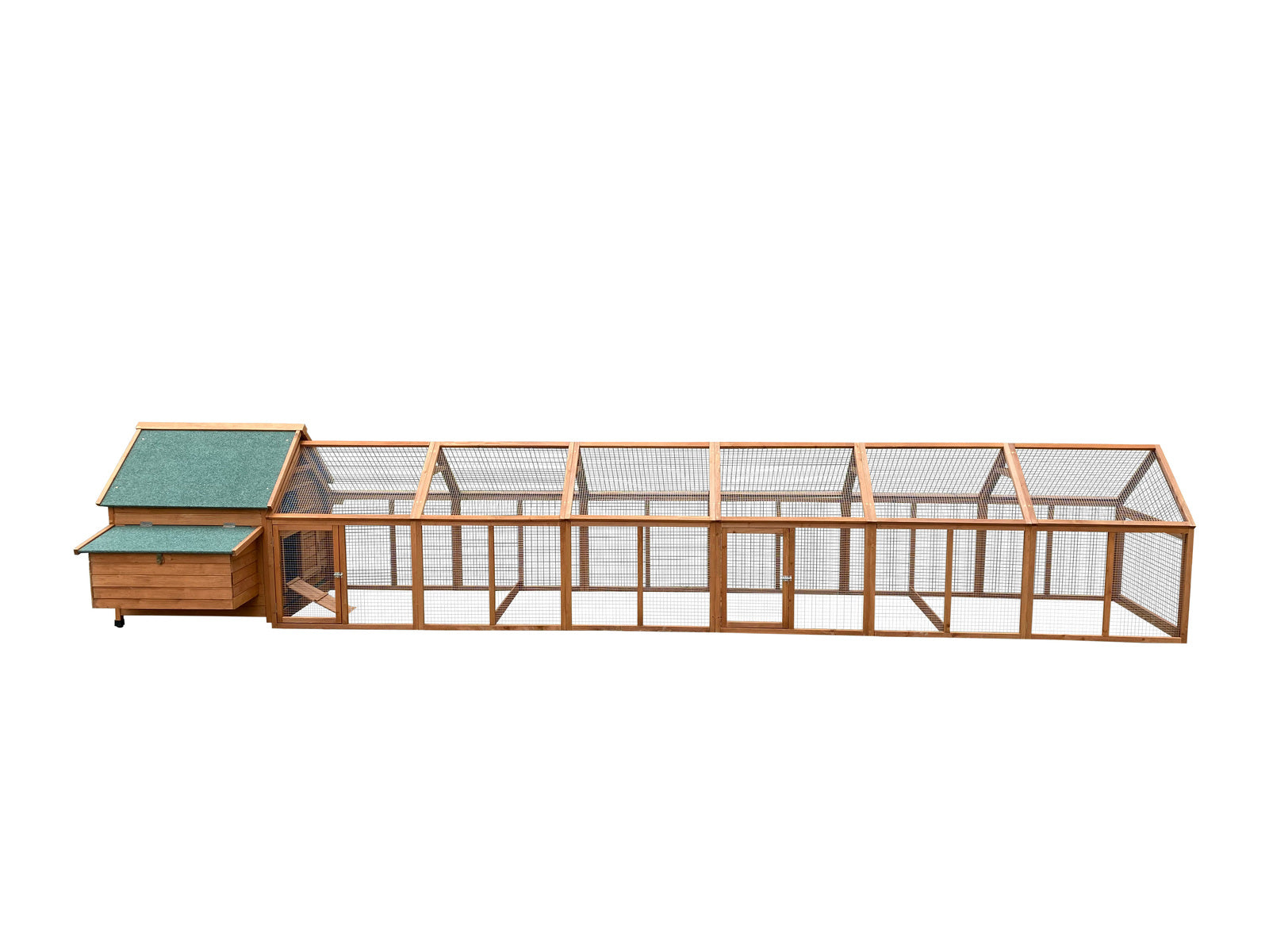 Wooden chicken coop with a run on a white background at Pet Servo