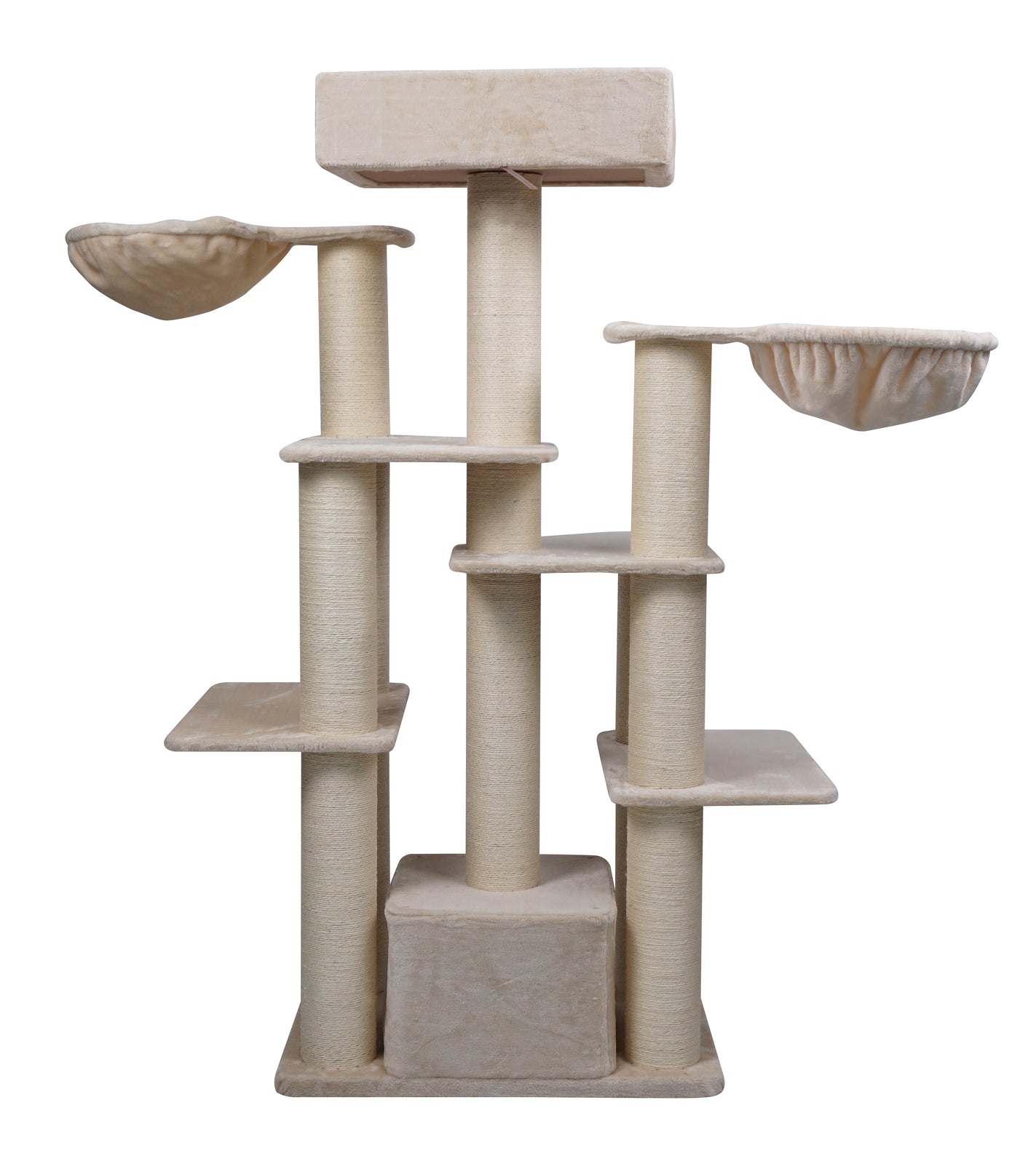 Beige cat tree with multiple levels, shelves, and a bowl on a white background at Pet Servo